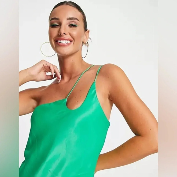 MANGO Asymmetrical Satin Effect One Shoulder Long Dress Green Size Small - Picture 6 of 16